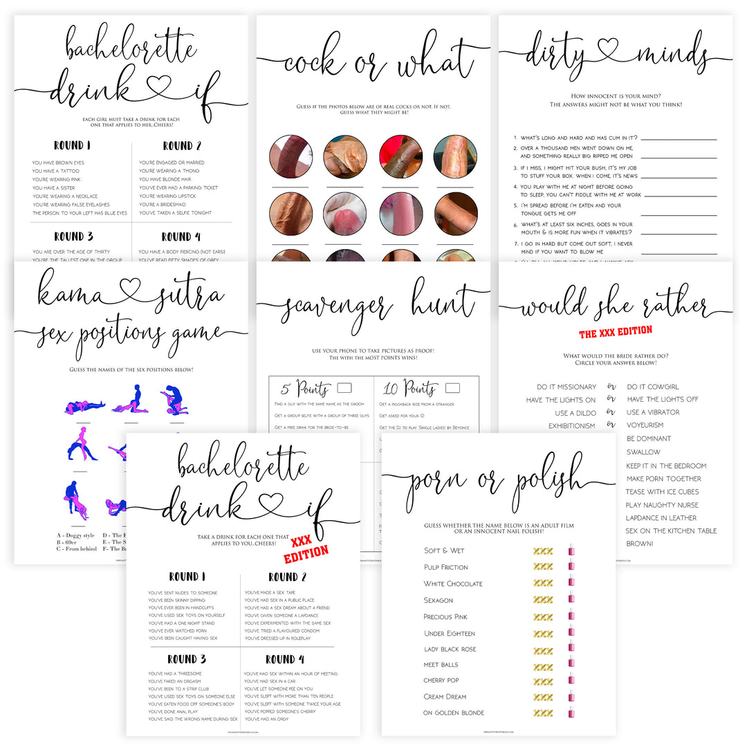 8 bachelorette party games, naught bridal shower games, adult bridal games, cock or what game, hen party games, fun bridal shower games