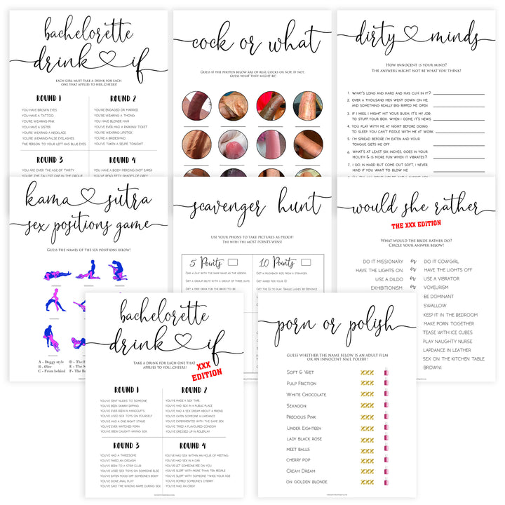 8 bachelorette party games, naught bridal shower games, adult bridal games, cock or what game, hen party games, fun bridal shower games