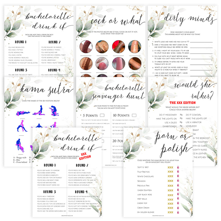8 bachelorette party games, Gold leaf bachelorette games, naught bridal shower games, adult bridal games, cock or what game, hen party games, fun bridal shower games