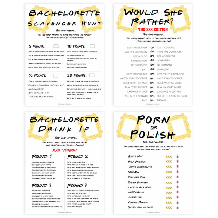 8 bachelorette party games, friends bridal shower games,  naught bridal shower games, adult bridal games, cock or what game, hen party games, fun bridal shower games