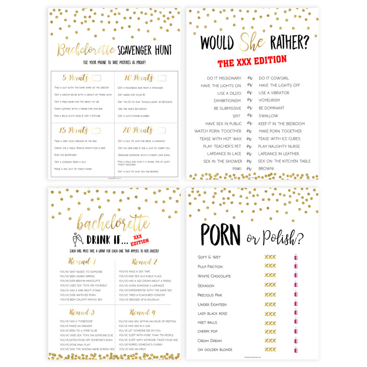 8 bachelorette party games, naught bridal shower games, adult bridal games, cock or what game, hen party games, fun bridal shower games