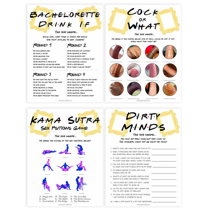 8 bachelorette party games, friends bridal shower games,  naught bridal shower games, adult bridal games, cock or what game, hen party games, fun bridal shower games