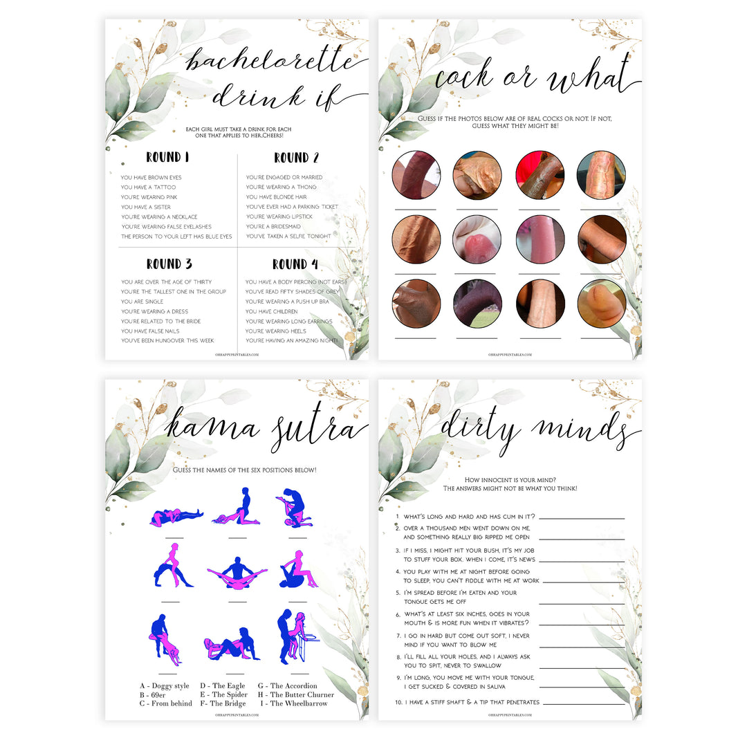 8 bachelorette party games, Gold leaf bachelorette games, naught bridal shower games, adult bridal games, cock or what game, hen party games, fun bridal shower games