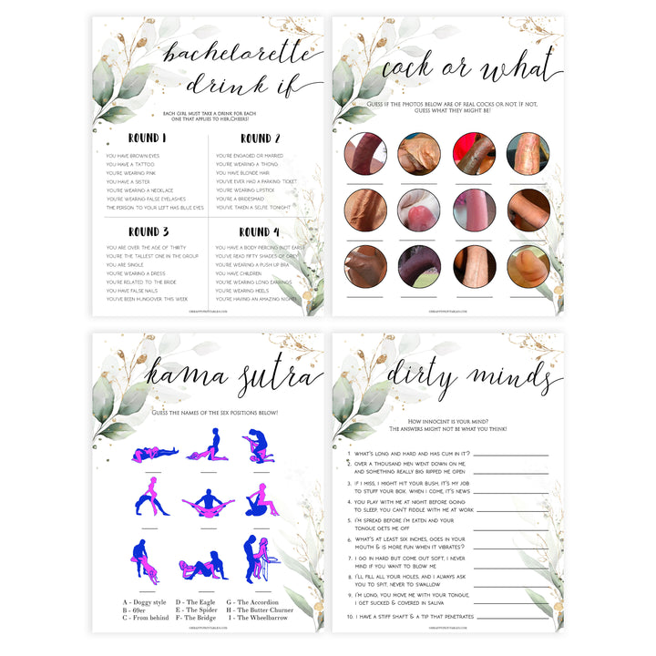 8 bachelorette party games, Gold leaf bachelorette games, naught bridal shower games, adult bridal games, cock or what game, hen party games, fun bridal shower games