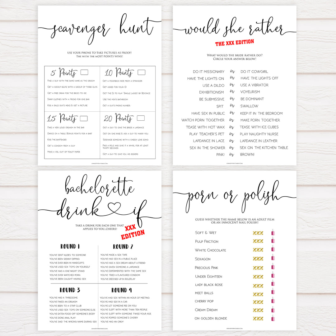 8 bachelorette party games, naught bridal shower games, adult bridal games, cock or what game, hen party games, fun bridal shower games