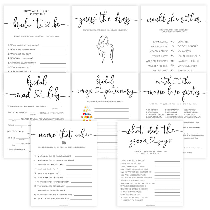 8 Bridal Shower Games Bundle - Minimalist