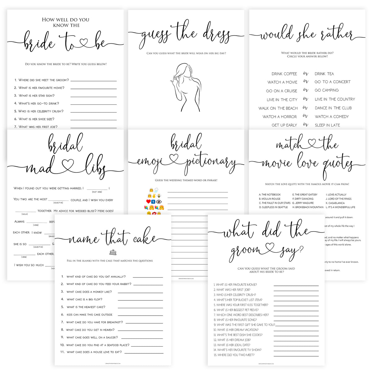 8 Bridal Shower Games Bundle - Minimalist