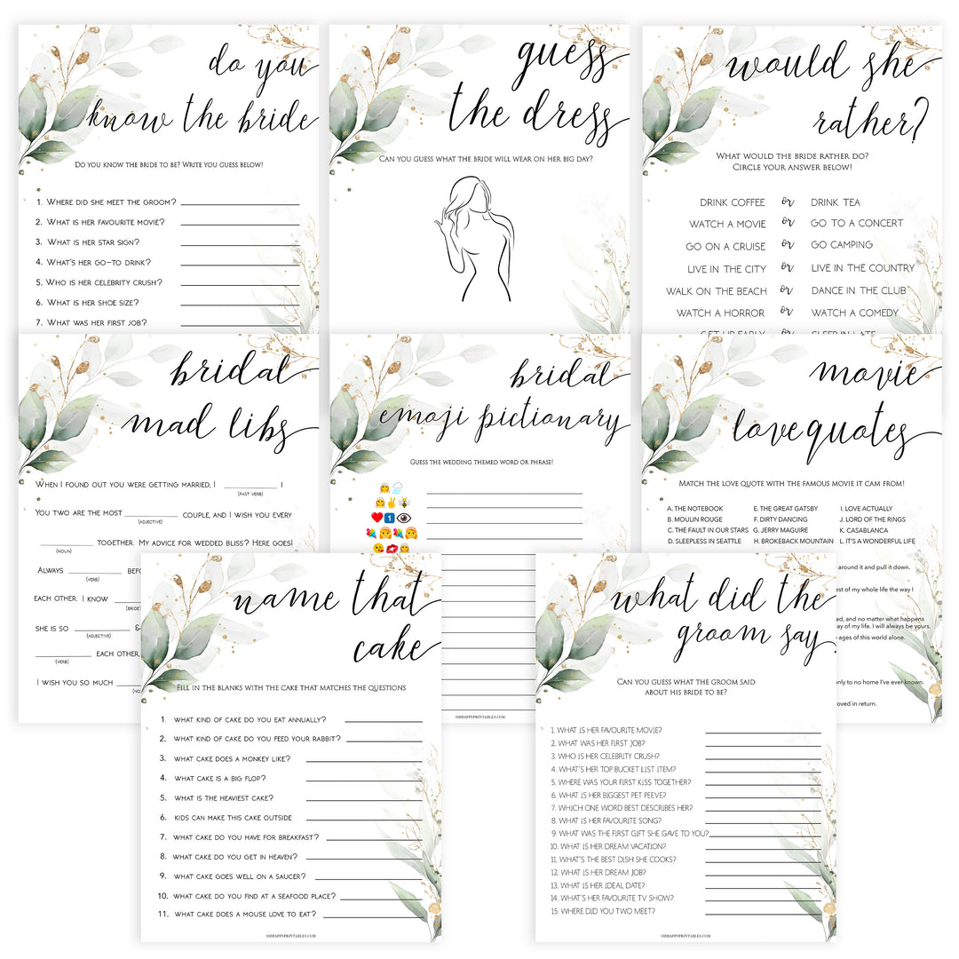 8 bridal shower games, gold leaf bridal games, bridal shower games bundle, gold bridal shower games, printable bridal shower games, fun bridal shower games