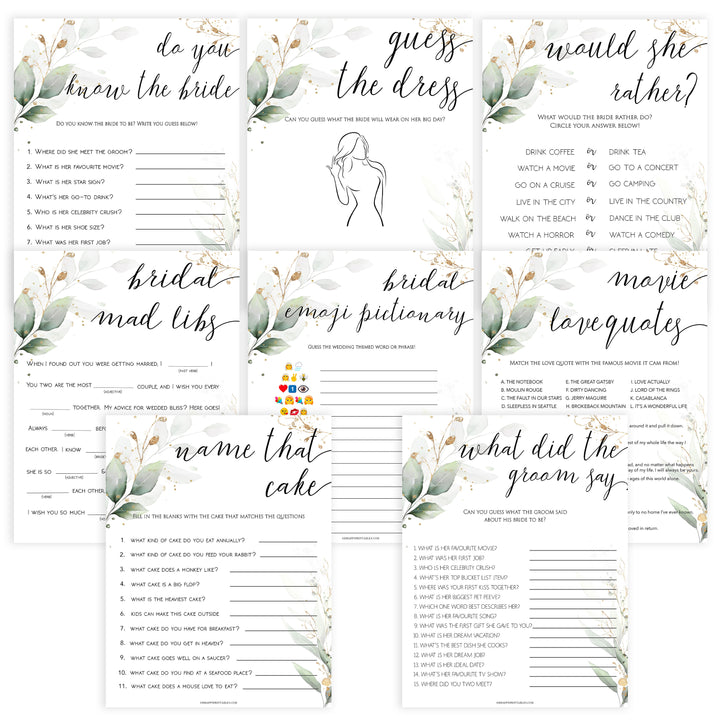 8 bridal shower games, gold leaf bridal games, bridal shower games bundle, gold bridal shower games, printable bridal shower games, fun bridal shower games