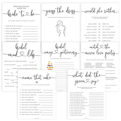 8 Bridal Shower Games Bundle - Minimalist