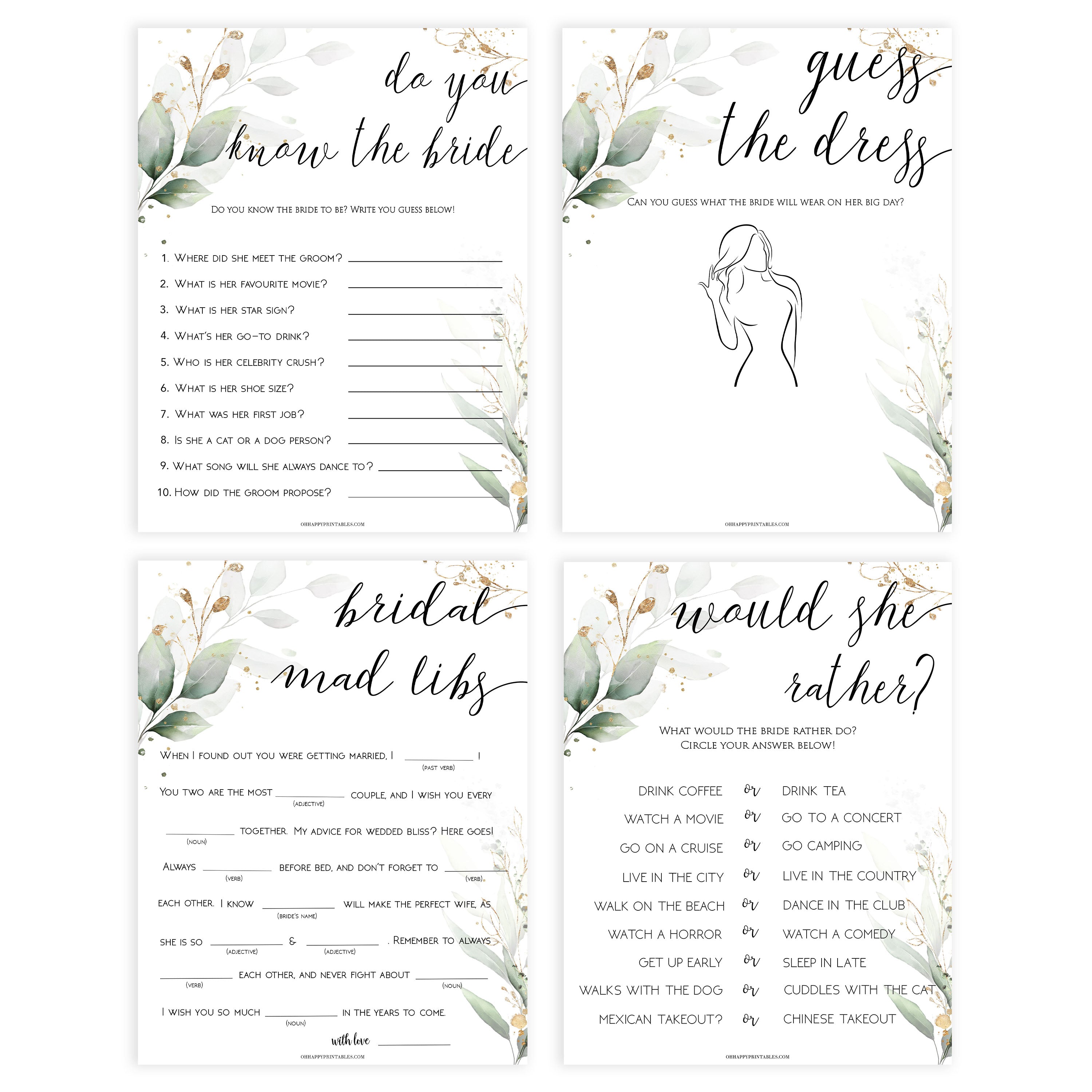 8 bridal shower games, gold leaf bridal games, bridal shower games bundle, gold bridal shower games, printable bridal shower games, fun bridal shower games