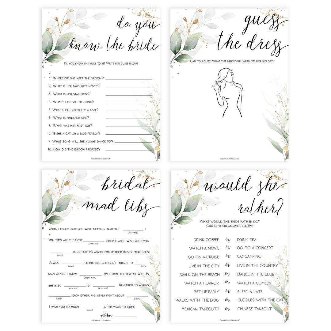 8 bridal shower games, gold leaf bridal games, bridal shower games bundle, gold bridal shower games, printable bridal shower games, fun bridal shower games