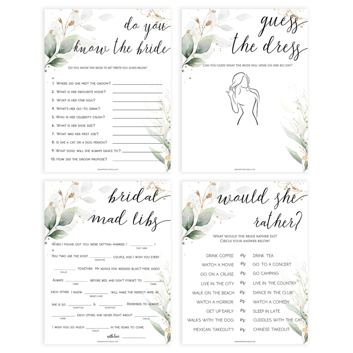 8 bridal shower games, gold leaf bridal games, bridal shower games bundle, gold bridal shower games, printable bridal shower games, fun bridal shower games