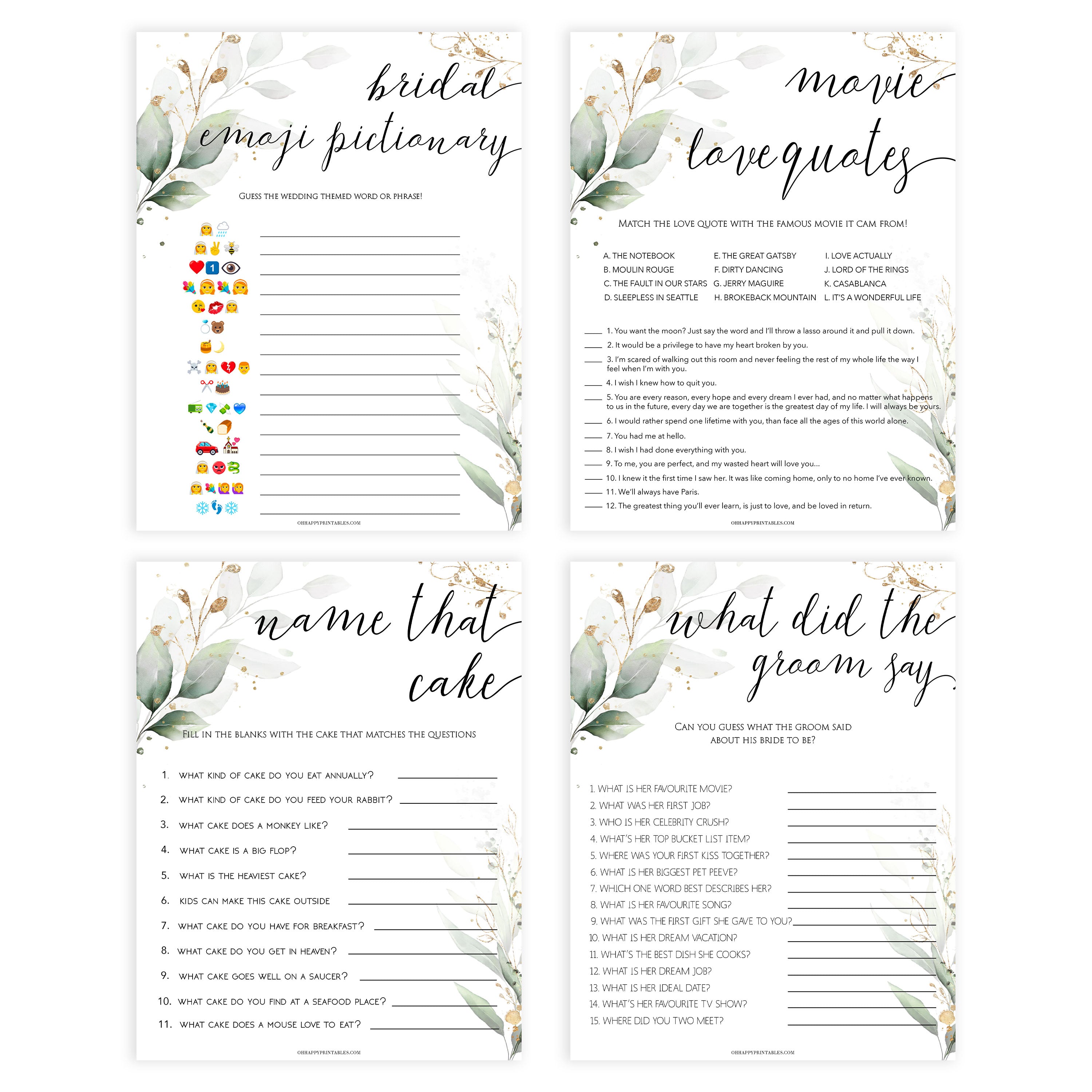 8 bridal shower games, gold leaf bridal games, bridal shower games bundle, gold bridal shower games, printable bridal shower games, fun bridal shower games