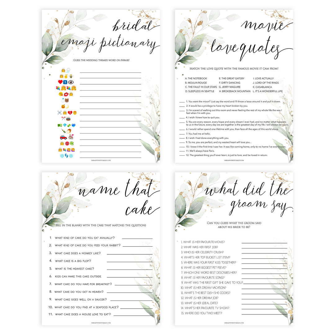 8 bridal shower games, gold leaf bridal games, bridal shower games bundle, gold bridal shower games, printable bridal shower games, fun bridal shower games