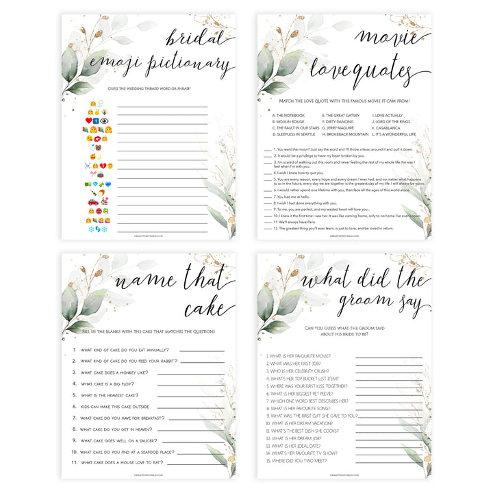 8 bridal shower games, gold leaf bridal games, bridal shower games bundle, gold bridal shower games, printable bridal shower games, fun bridal shower games
