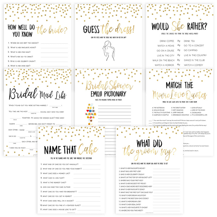 8 bridal shower games, bridal shower games bundle, gold bridal shower games, printable bridal shower games, fun bridal shower games