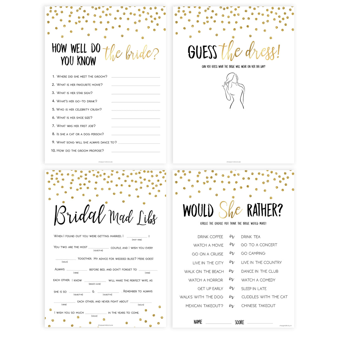 8 bridal shower games, bridal shower games bundle, gold bridal shower games, printable bridal shower games, fun bridal shower games