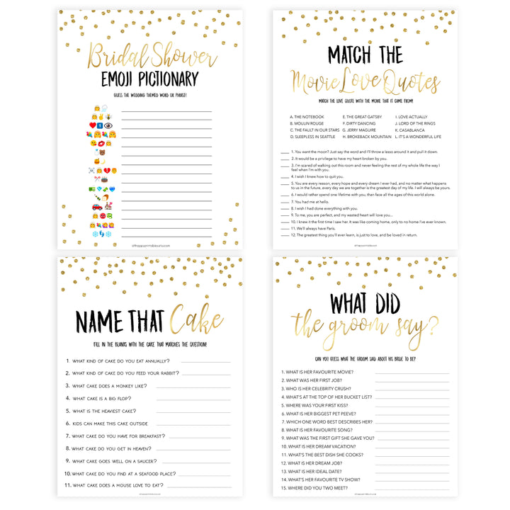 8 bridal shower games, bridal shower games bundle, gold bridal shower games, printable bridal shower games, fun bridal shower games