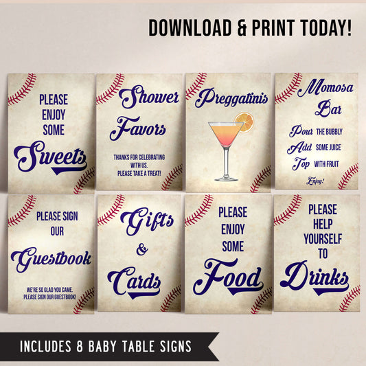 8 baby shower signs, 8 baby shower table signs, Baseball baby signs, baseball baby decor, printable baby shower decor, fun baby decor, baby food signs, printable baby shower ideas
