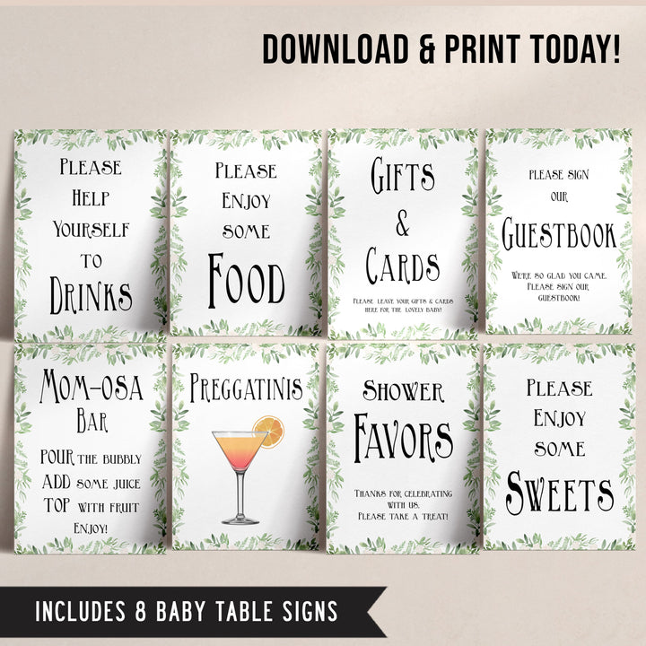8 baby shower table signs, Printable baby table signs, baby shower table signs, botanical baby table signs, baby shower decor, fun baby decor, printable baby decor