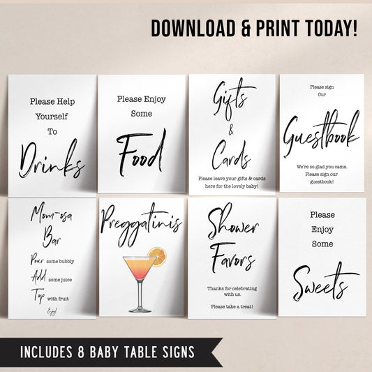baby shower signs pack, printable baby signs, fun baby games, food sign, drinks sign, guestbook sign
