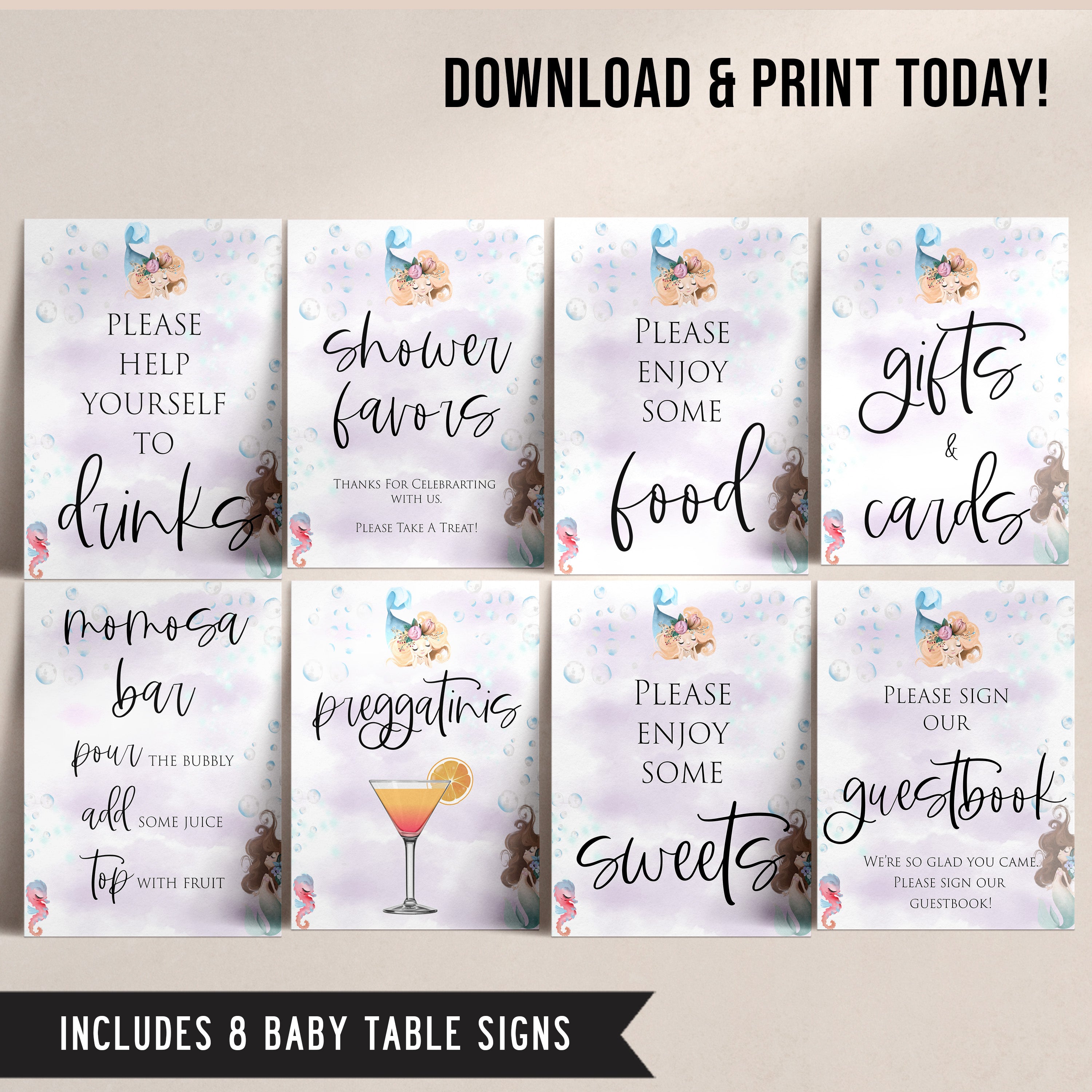 8 baby shower table signs, Little mermaid baby decor, printable baby table signs, printable baby decor, baby little mermaid table signs, fun baby signs, baby little mermaid fun baby table signs