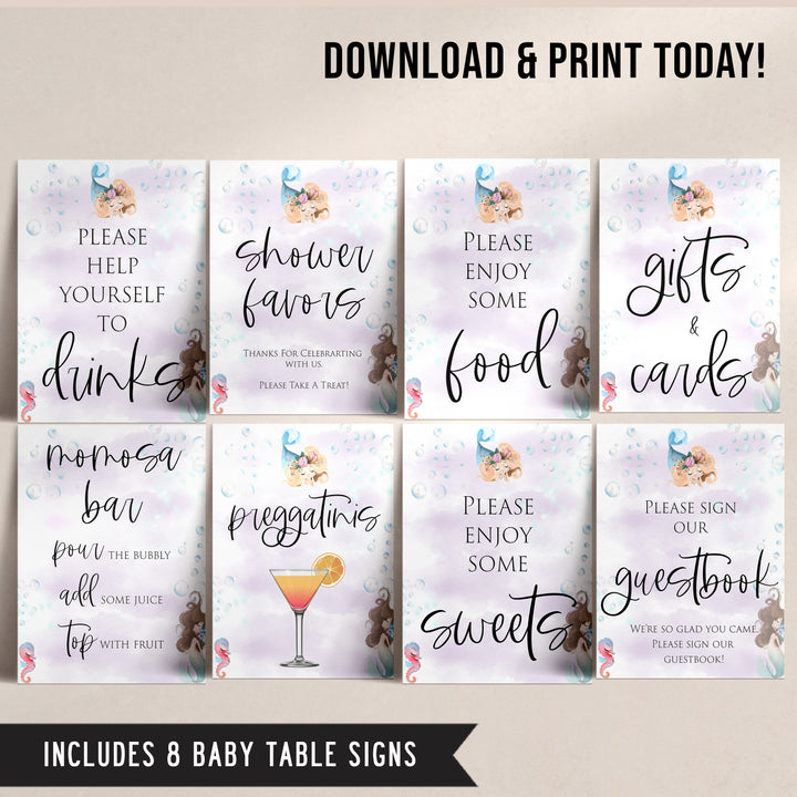 8 baby shower table signs, Little mermaid baby decor, printable baby table signs, printable baby decor, baby little mermaid table signs, fun baby signs, baby little mermaid fun baby table signs