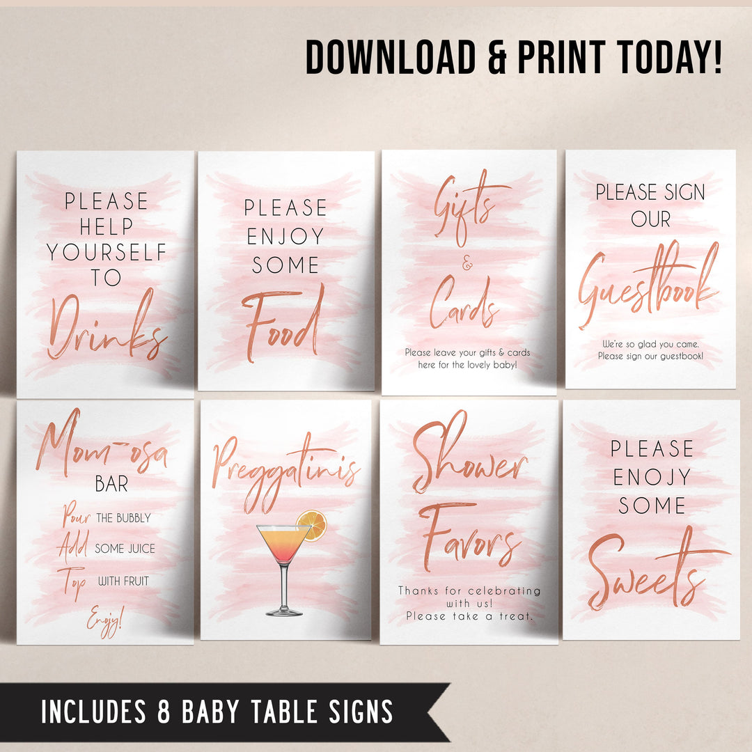 pink watercolor baby shower signs, pink baby signs, printable baby shower signs, baby shower decor, pink baby decor