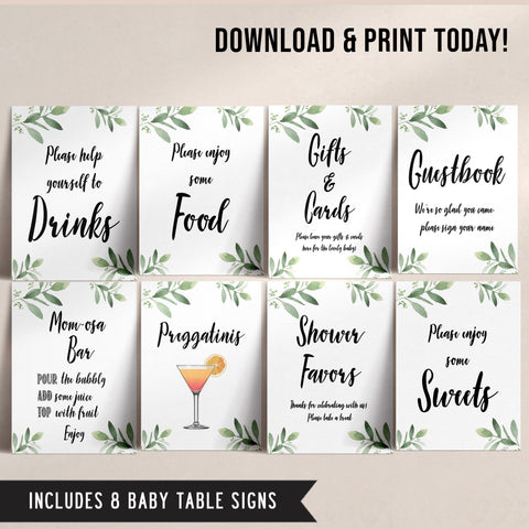 8 baby shower signs, printable baby shower signs, botanical baby shower decor, floral baby table signs