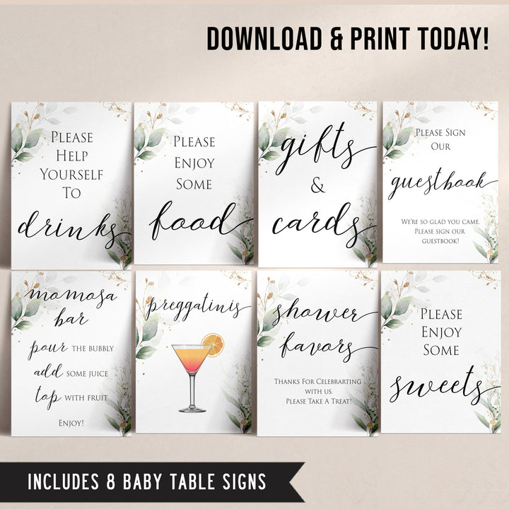 Gold green leaf baby signs, baby signs bundle, printable baby shower decor, fun baby signs, top baby games to play, gold leaf baby shower decor, greenery baby shower ideas