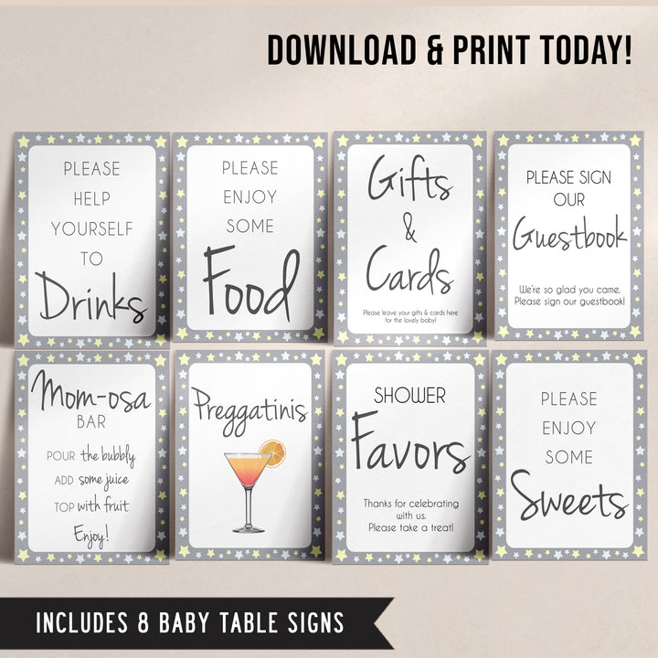 grey and yellow stars baby signs, printable baby signs pack, stars baby shower, printable baby decor, fun baby signs, printable baby decor