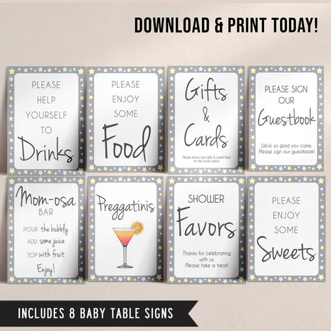 grey and yellow stars baby signs, printable baby signs pack, stars baby shower, printable baby decor, fun baby signs, printable baby decor