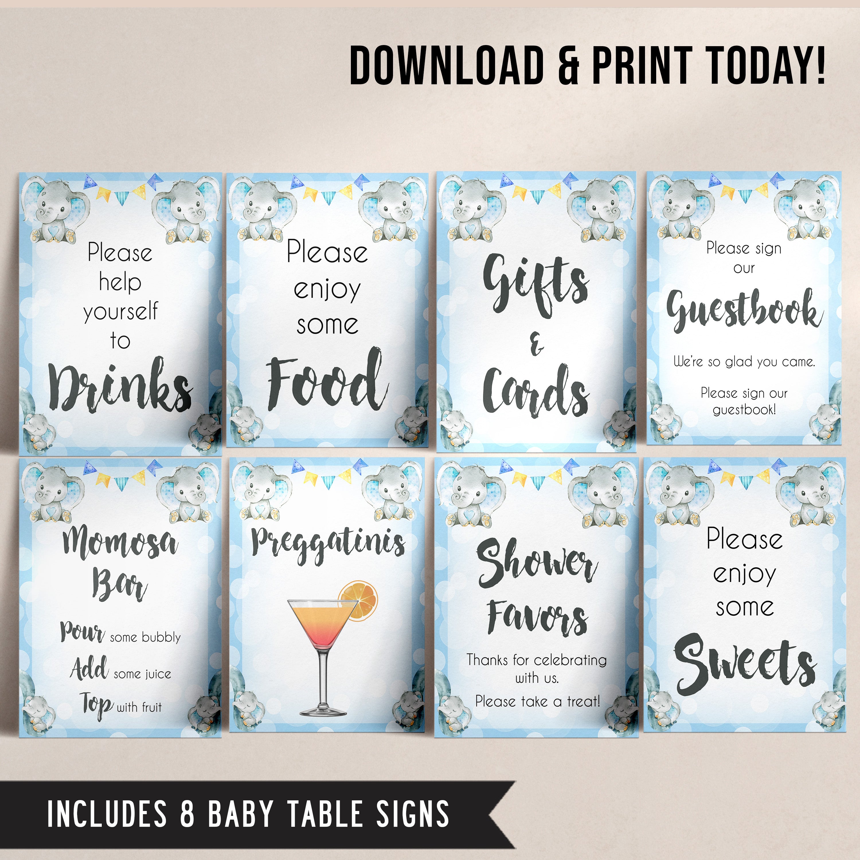 8 baby shower signs, 8 baby shower table signs, Blue elephant baby decor, printable baby table signs, printable baby decor, blue table signs, fun baby signs, fun baby table signs