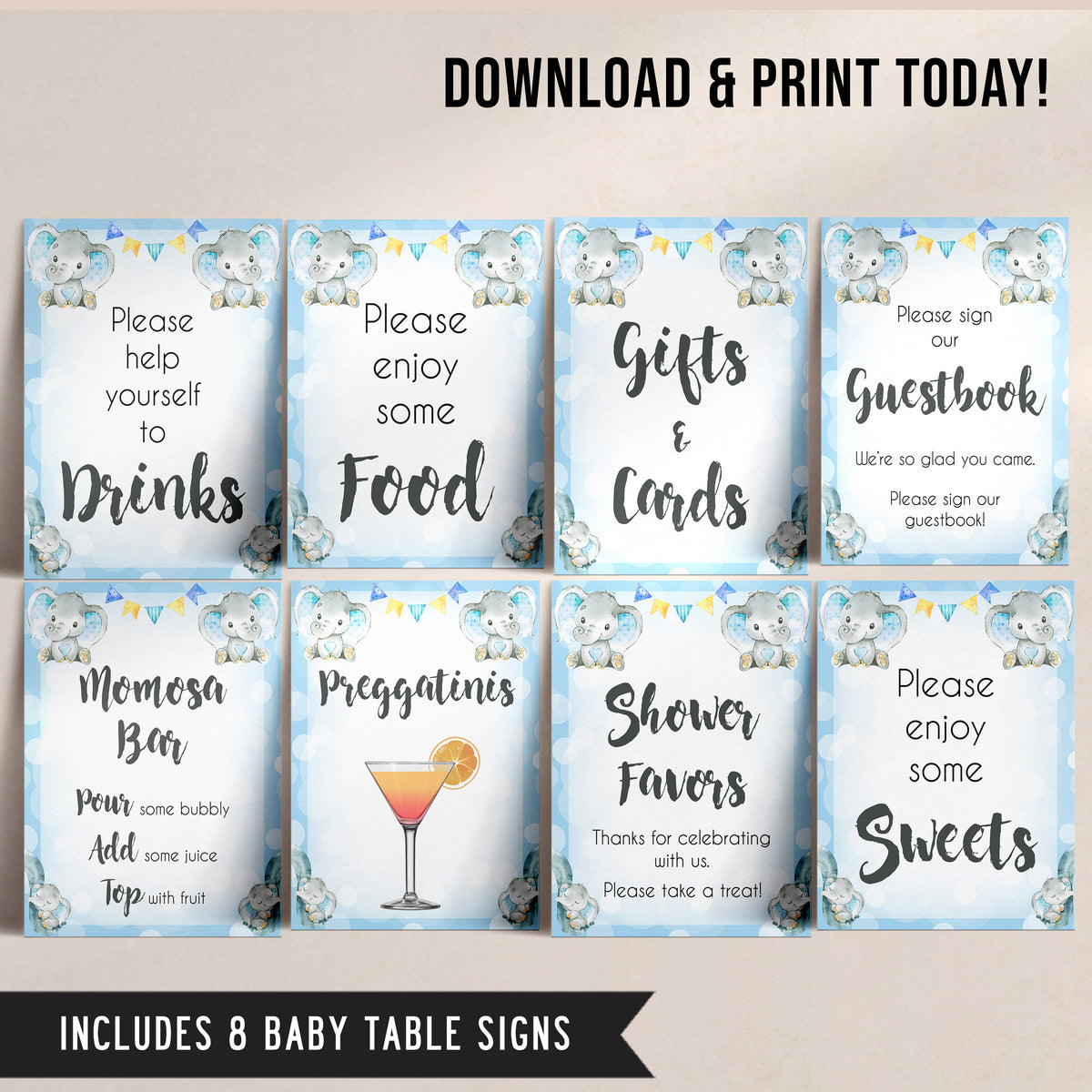 8 baby shower signs, 8 baby shower table signs, Blue elephant baby decor, printable baby table signs, printable baby decor, blue table signs, fun baby signs, fun baby table signs