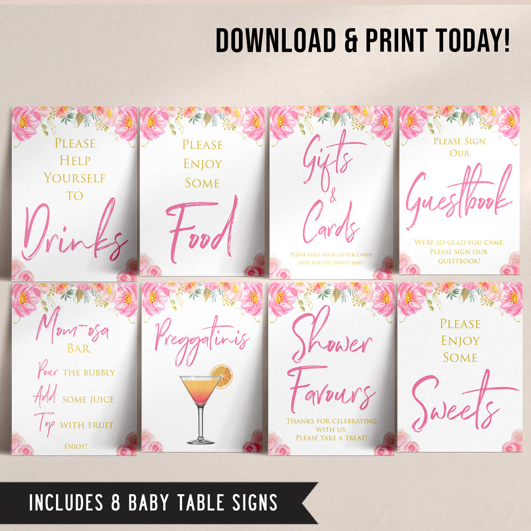 8 baby shower signs, 8 baby table signs, Blush floral baby decor, printable baby table signs, printable baby decor, gold table signs, fun baby signs, floral fun baby table signs