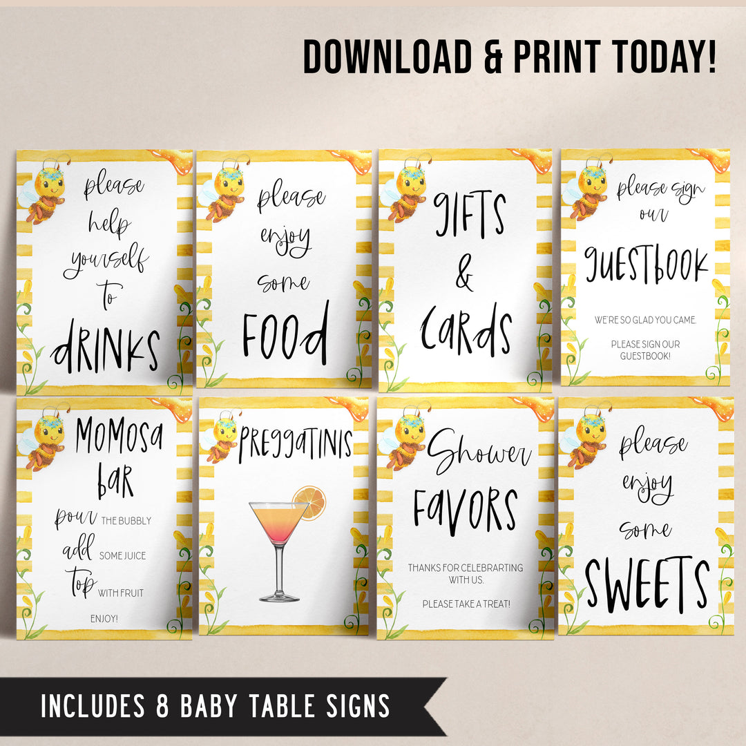 8 baby shower games, 8 printable tables signs, Mommy to bee baby decor, printable baby table signs, printable baby decor, mommy bee table signs, fun baby signs, mummy bee fun baby table signs