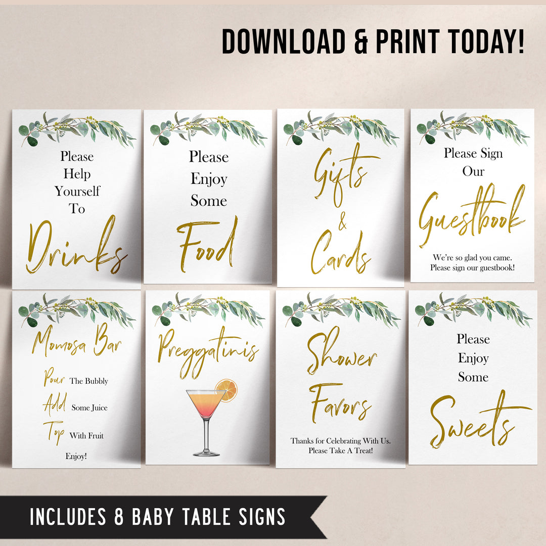 eucalyptus baby shower signs, printable baby signs pack, botanical baby signs, food signs, drinks signs, baby shower decor