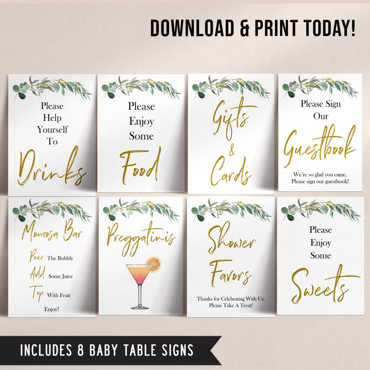eucalyptus baby shower signs, printable baby signs pack, botanical baby signs, food signs, drinks signs, baby shower decor