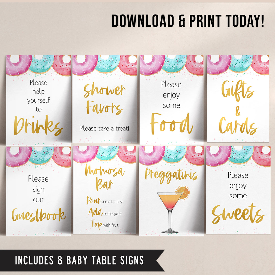 8 baby shower table signs, printable table signs, Donut baby decor, printable baby table signs, printable baby decor, baby sprinkles table signs, fun baby signs, baby donut fun baby table signs