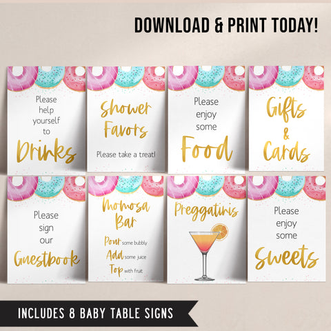 8 baby shower table signs, printable table signs, Donut baby decor, printable baby table signs, printable baby decor, baby sprinkles table signs, fun baby signs, baby donut fun baby table signs