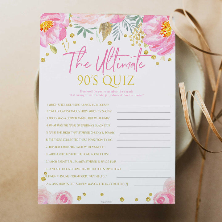 ultimate 90s quiz game, printable bridal shower games, blush floral bridal shower games, fun bridal shower games