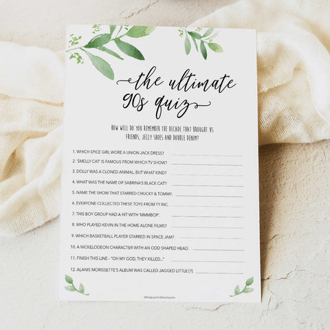90s bridal quiz game, greenery bridal shower, fun bridal shower games, bachelorette party games, floral bridal games, hen party ideas