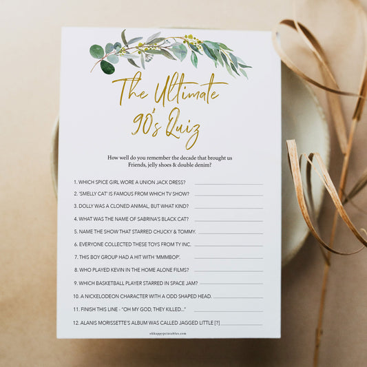 the ultimate 90s quiz, Bridal shower games, printable bridal shower games, eucalyptus greenery bridal games, bachelorette game