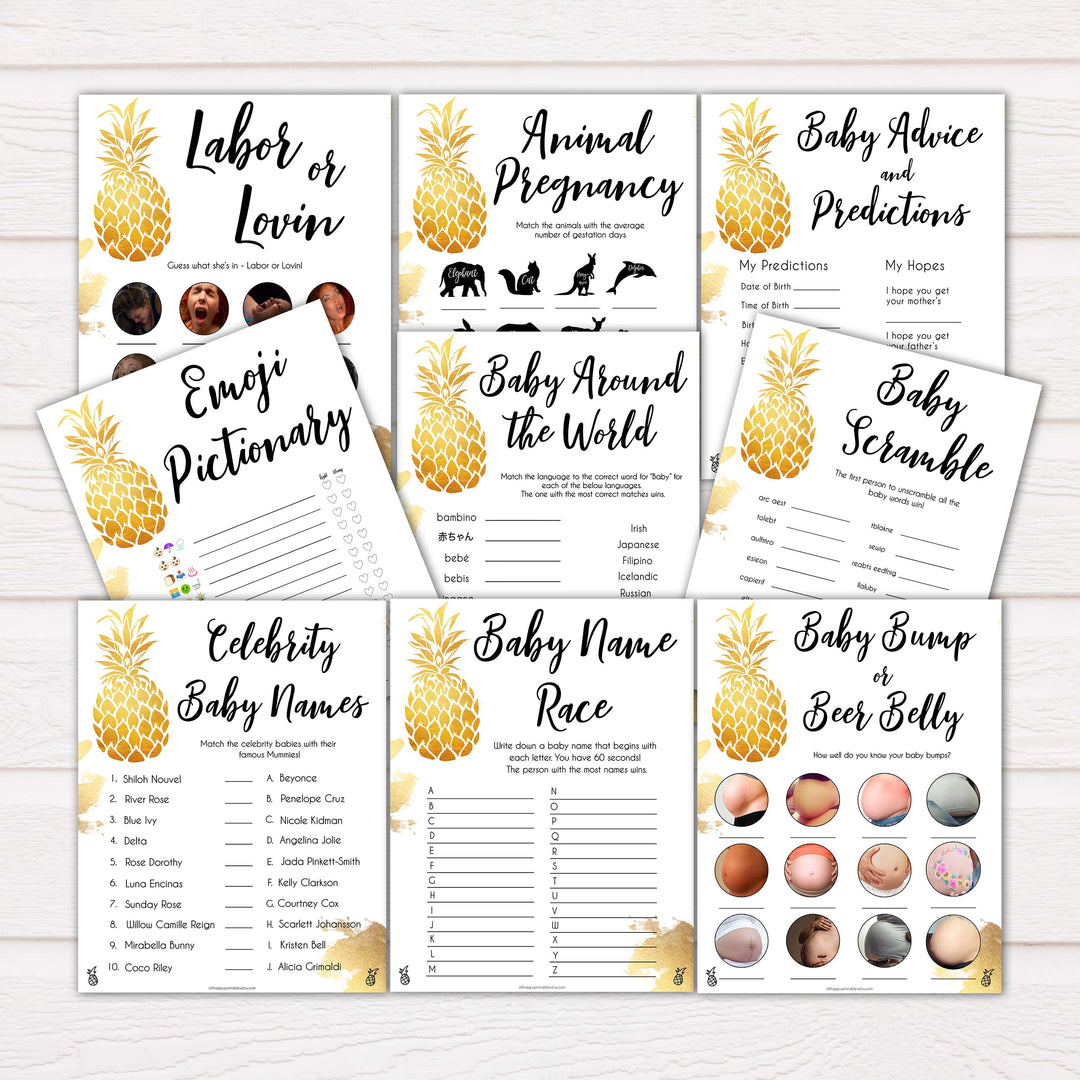 golden pineapple luau theme baby shower games, 9 tropical theme baby shower games, funniest baby shower games, popular baby shower games