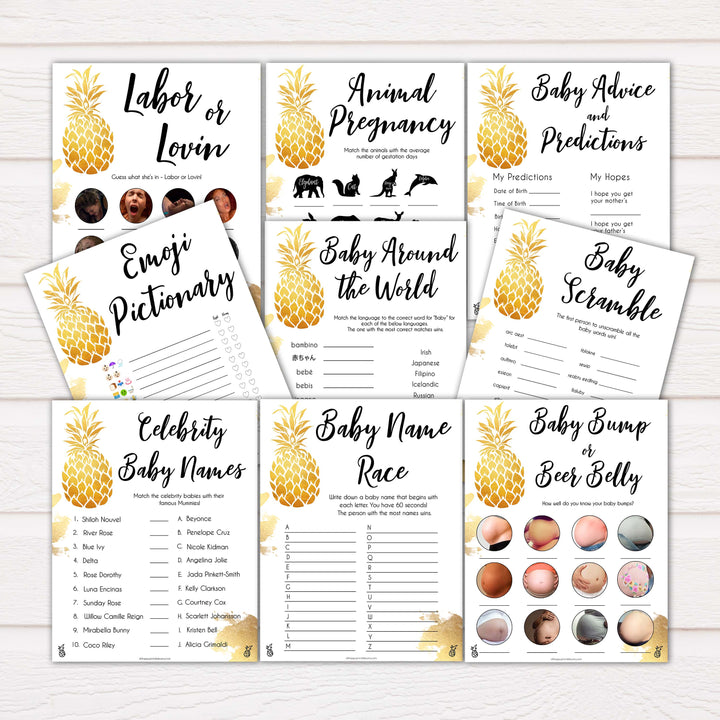 golden pineapple luau theme baby shower games, 9 tropical theme baby shower games, funniest baby shower games, popular baby shower games