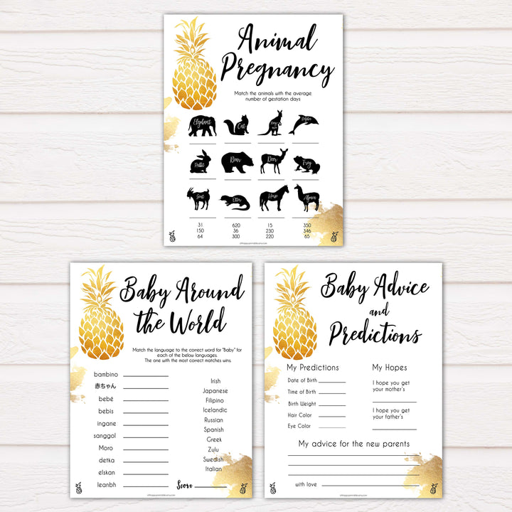 golden pineapple luau theme baby shower games, 9 tropical theme baby shower games, funniest baby shower games, popular baby shower games