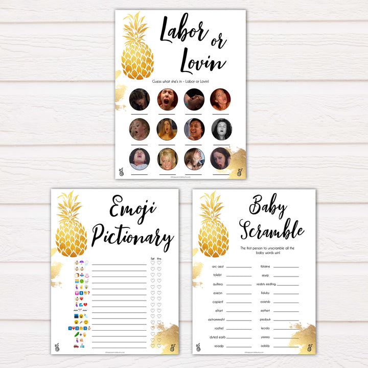 golden pineapple luau theme baby shower games, 9 tropical theme baby shower games, funniest baby shower games, popular baby shower games
