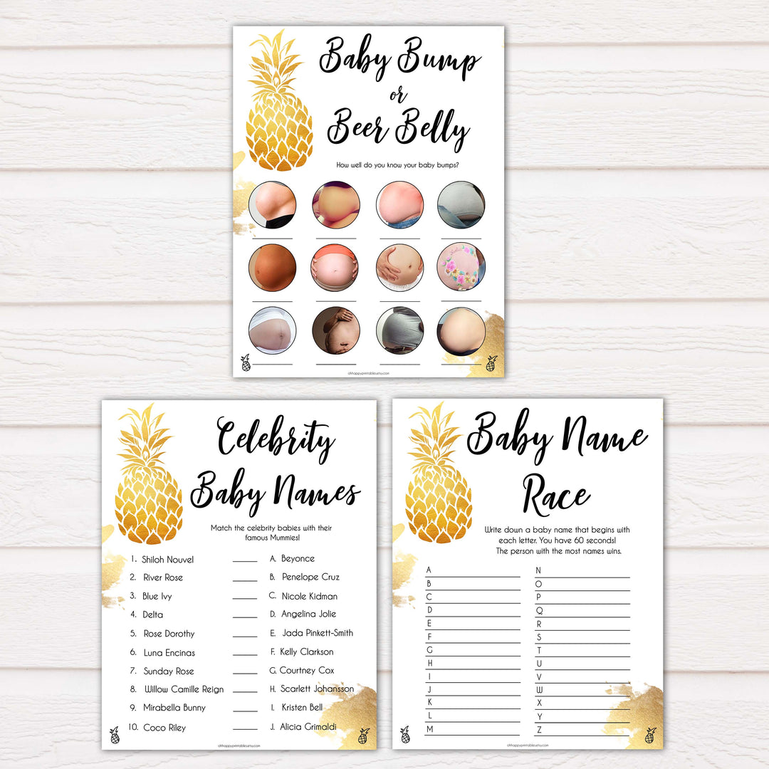golden pineapple luau theme baby shower games, 9 tropical theme baby shower games, funniest baby shower games, popular baby shower games