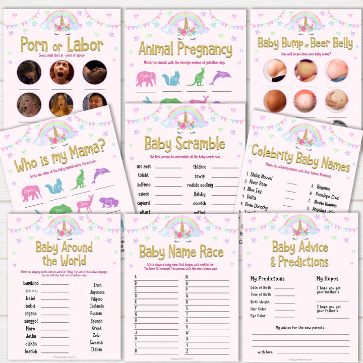 Unicorn MEGA Baby Shower Games 9 Pack Bundle
